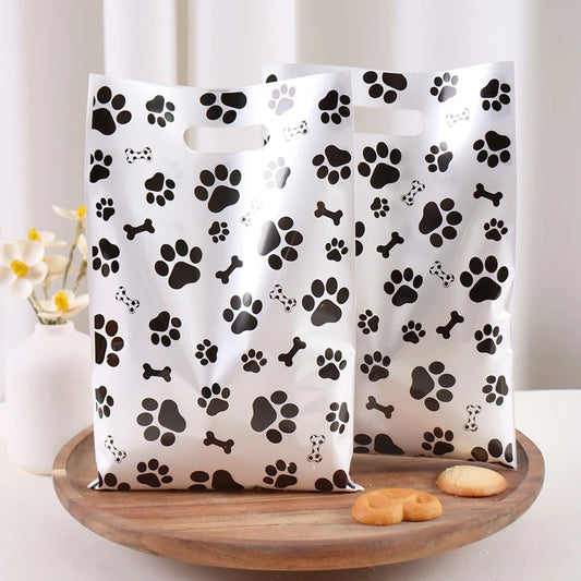 10/20/50pcs Dog Paw Black White Gift Bags with Handle - Plastic Animal Theme Party Decoration Candy Goodie Bags for Pet Treats
