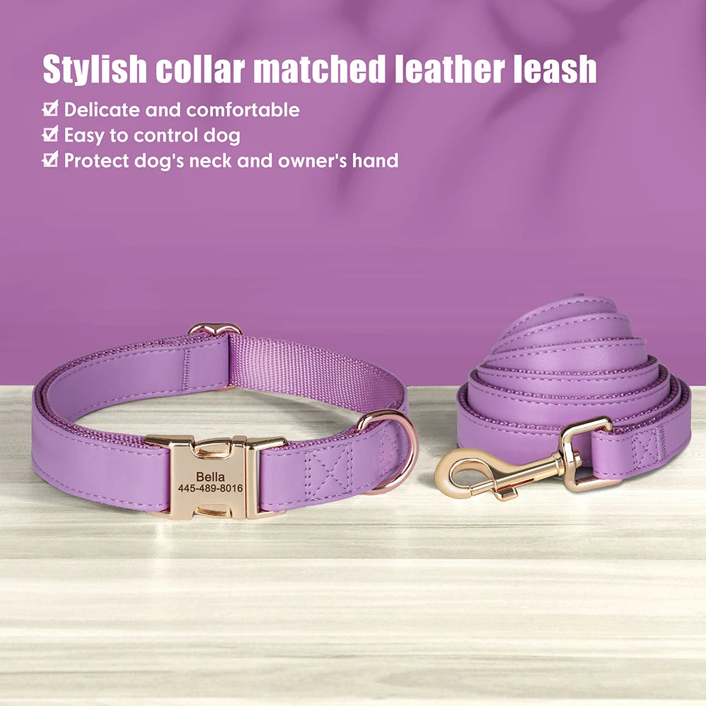the MY NAME MY PAWS CUSTOM SET - Personalized Dog Collar/Leash Set, Custom PU Leather Dog Buckle Collars/Necklace, Pet Walking Leash for Small/Medium Dogs, Pitbull