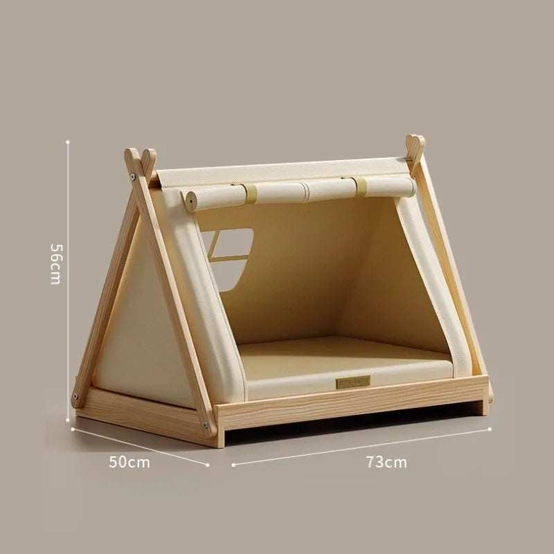 Indoor Dog Tent Pine Wood Dogs Tents Beds Cushion Removable Breathable Dog House Closed Moisture-proof Pet Cat Double Door Tent