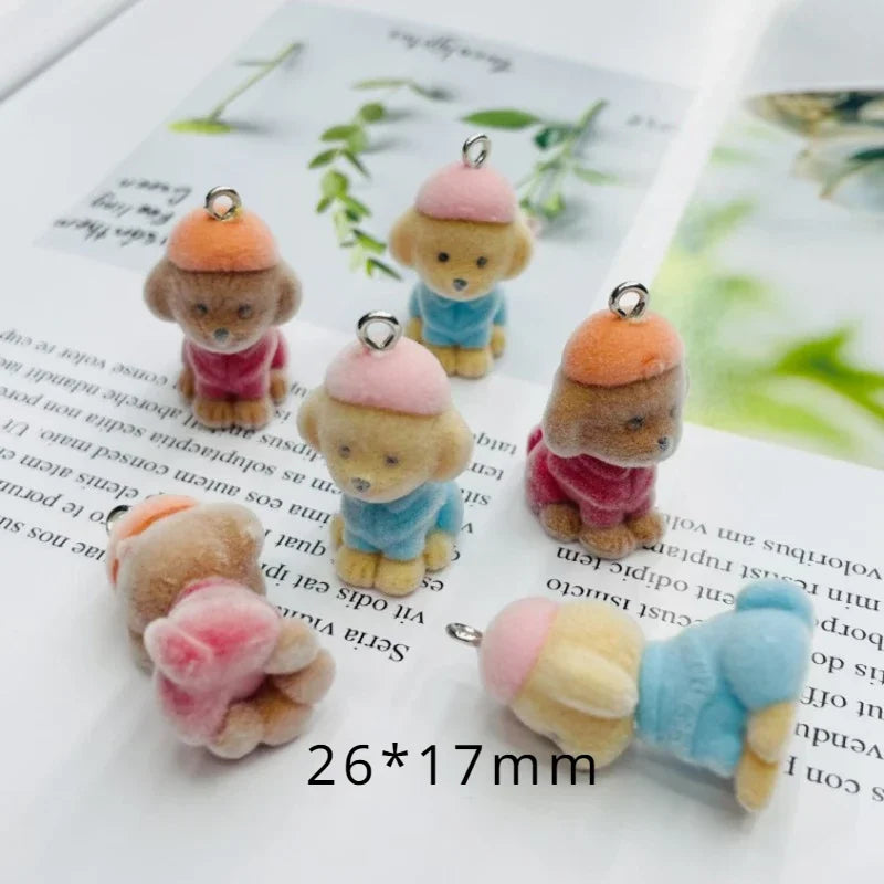 2Pcs 3D Flocking Cute Hat Dog Charms Cartoon Resin Pet Dog Pendant Earring Keychain Accessories For DIY Crafts Jewelry Make