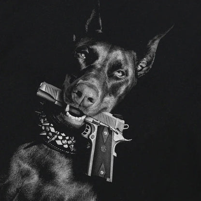 the BEWARE OF DAWG - T-Shirt Streetwear Animal Graphic Doberman, Dog Gun T-Shirt, Cotton Hipster Men T-Shirt, Unisex Tops Tees, Black Hip Hop