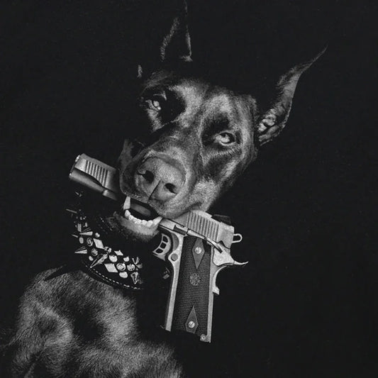 the BEWARE OF DAWG - T-Shirt Streetwear Animal Graphic Doberman, Dog Gun T-Shirt, Cotton Hipster Men T-Shirt, Unisex Tops Tees, Black Hip Hop