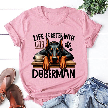 the BETTER LIFE - Hot Life Is Better with Coffee Doberman Graphic Short Sleeve T-Shirts for Men/Women, Shirts Loose T-Shirt, Casual Summer T-Shirts