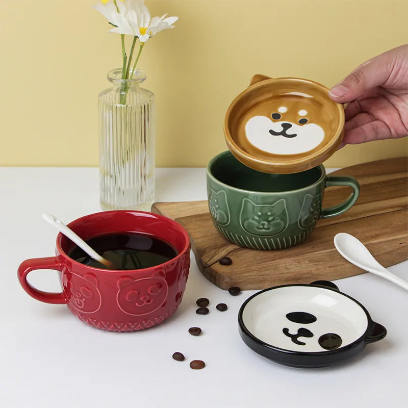 220ML Mug Japanese Shiba Inu Ceramic Coffee Cup Saucer Cartoon Animal Breakfast Milk Cup Embossed Coffee Cup Afternoon Tea Suppl