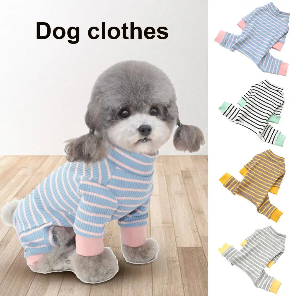 Dog Jumpsuits Striped Pattern Contrast Color Pet Romper O Neck Fabric Close Fitting Kitten Dogs Pajamas Costume For Winter