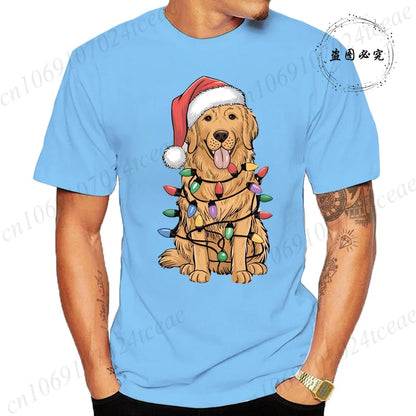 the GOLDEN CHRISTMAS - New Men's T-Shirts Christmas Golden Retriever Print T-Shirts, Round Neck Short Sleeve Casual T-Shirt, Happy New Year Dog Shirts
