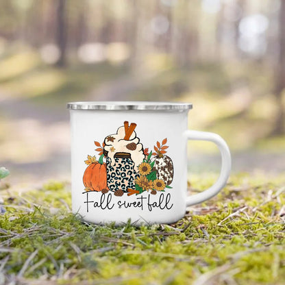 Pumpkin Leaves Dog Cat Printed Enamel Mugs Coffee Cups Fall Thanksgiving Party Wine Juice Mug Handle Cup Autumn Holiday Gifts