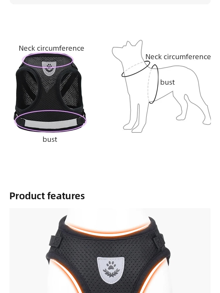 Pet Leash Undershirt Harnesses Mesh Breathable Adjustable Easy Control Reflective Undershirt Dog Harness Collar