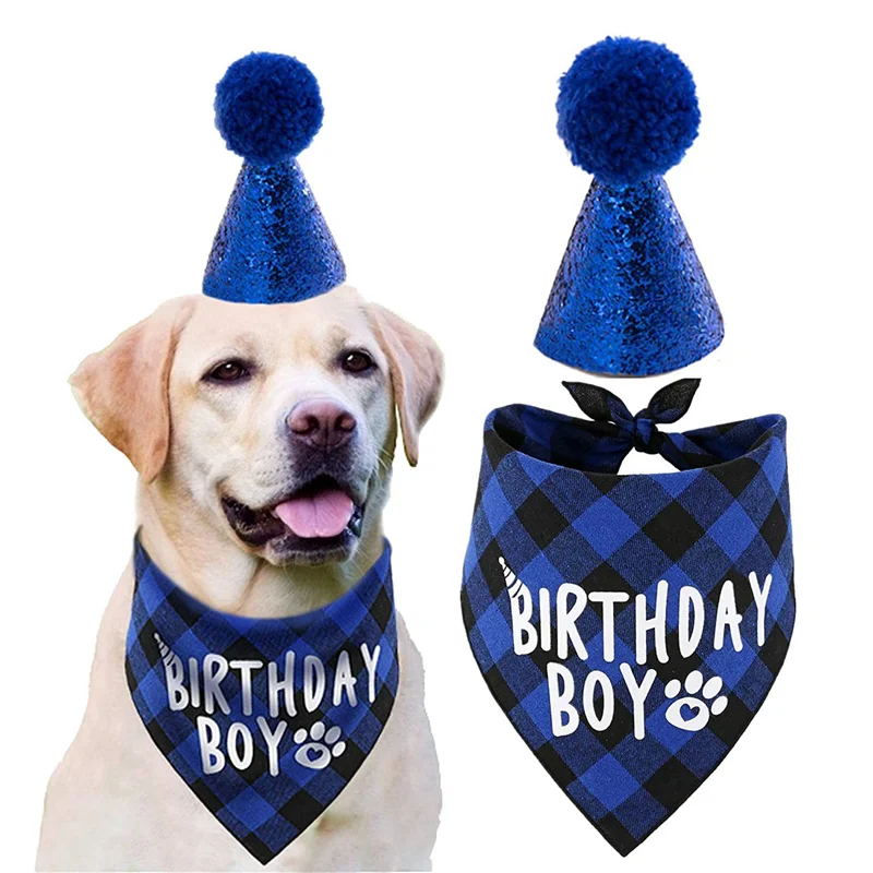 A85M 2X Dog Birthday Party Supplies,Pet Birthday Hat And Boy Doggy Birthday Bandana Set
