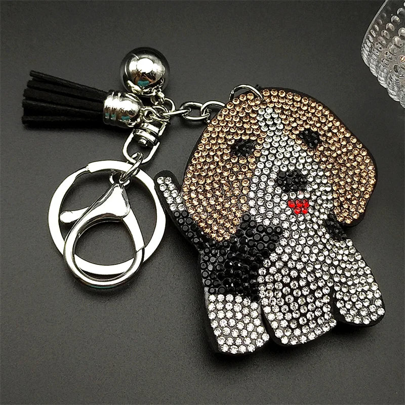 Lovely Beagle Doggie Keyholder For Women Men Full Crystal Blingbling Tassel Animal Bag Hanging Dog Pup Cute Keyring Jewelry