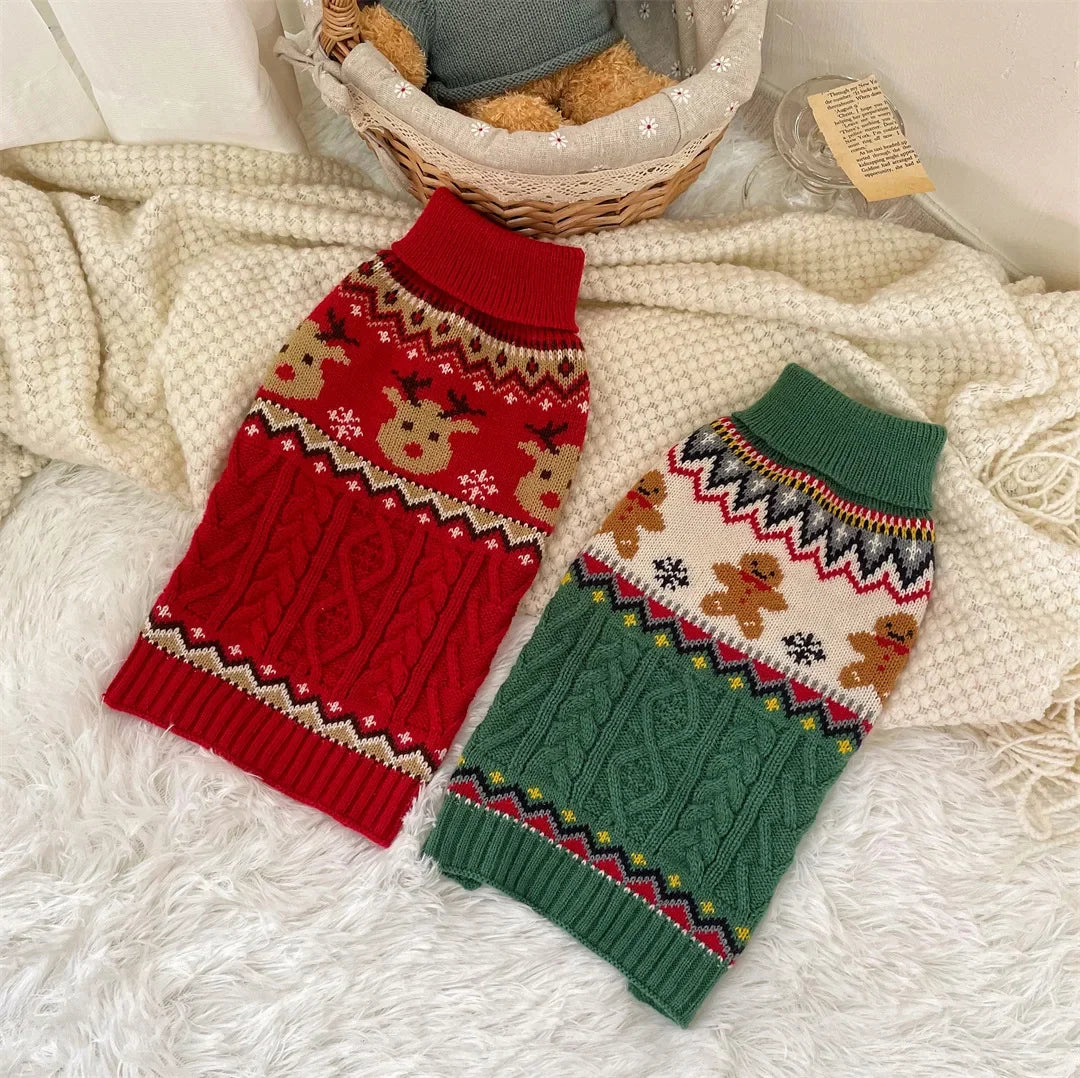 Christmas Dog Sweater with Reindeer Pattern, Red Green High Neck Pullover for Dogs Cats, Warm Winter Puppy Clothes Holiday Wear