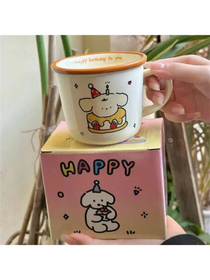 1Pcs Ins Cute Happy Bear Ceramic Mug Kawaii White Puppy Cartoon Coffee Mug Fashion Vintage Afternoon Tea Cup Pair Couple Gift