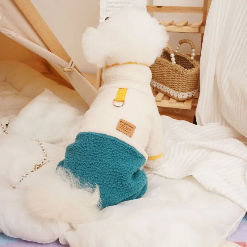 Pet Dog Four Legged Pants Dog Color Contrasting Jumpsuit Autumn and Winter Thick Lamb Fleece Four Leg Puppy Coat Bear Small Dog