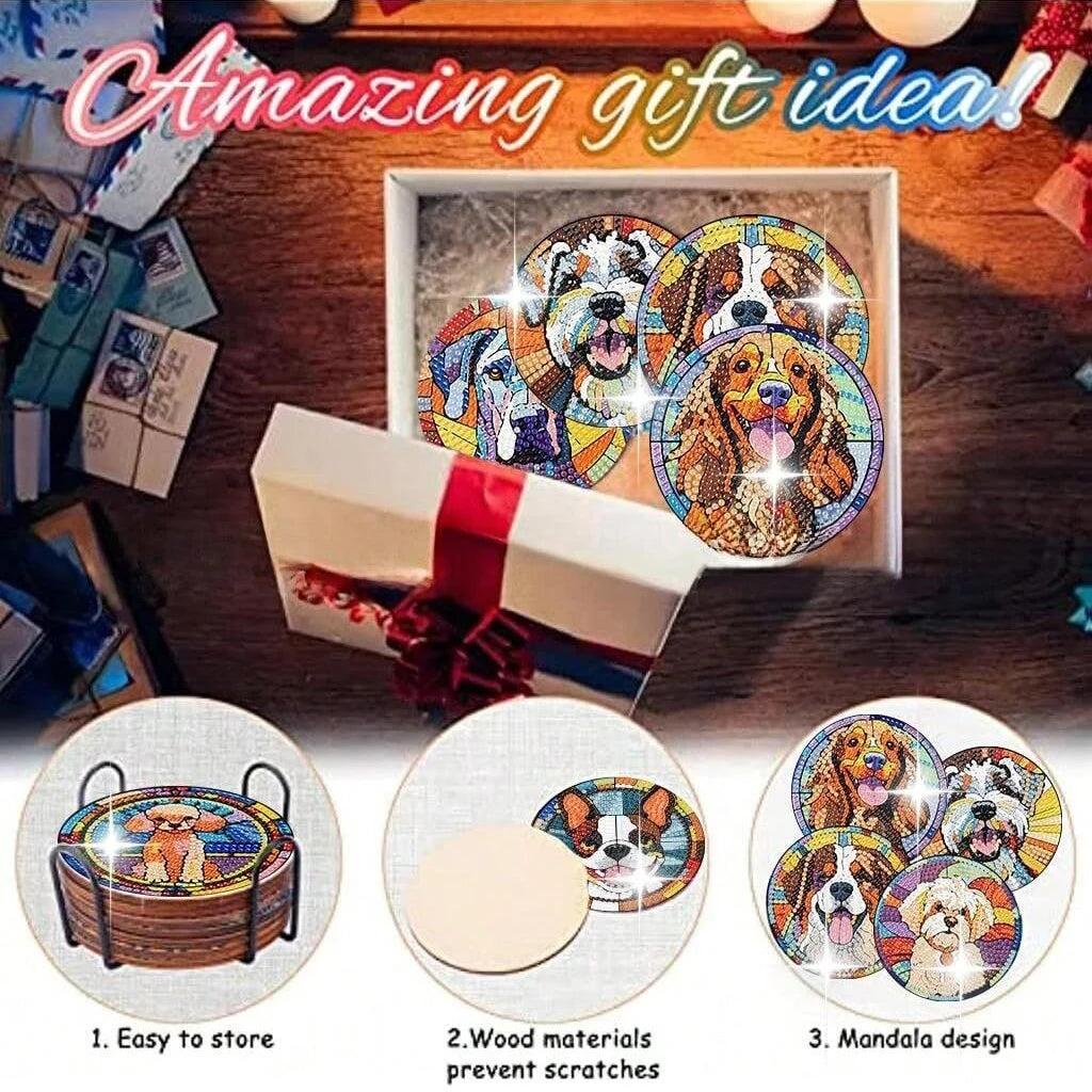8pcs Dog Themed Diamond Painting Coaster Kits, DIY Craft Stained Glass Style Round Diamond Art Coasters