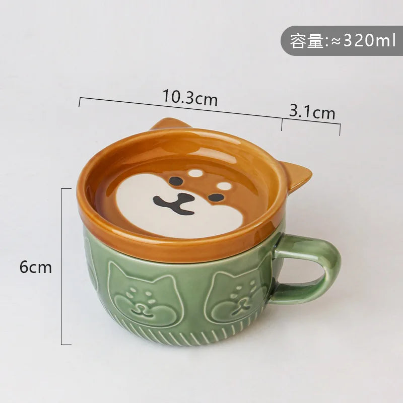 220ML Mug Japanese Shiba Inu Ceramic Coffee Cup Saucer Cartoon Animal Breakfast Milk Cup Embossed Coffee Cup Afternoon Tea Suppl