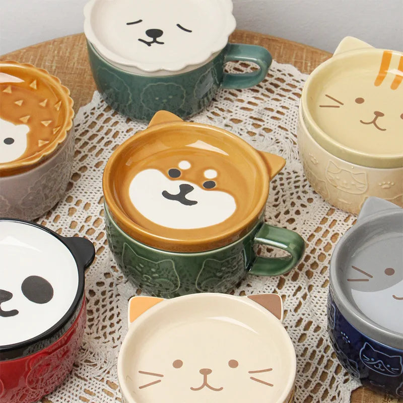 220ML Mug Japanese Shiba Inu Ceramic Coffee Cup Saucer Cartoon Animal Breakfast Milk Cup Embossed Coffee Cup Afternoon Tea Suppl