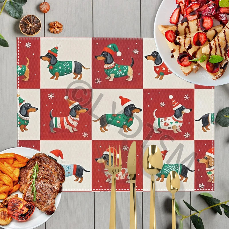 Christmas Snow Fun Dachshund Dog Table Mats for Kitchen Dinner Christmas Tree Coasters Coffee Tea Cup Pads Dish Placemat