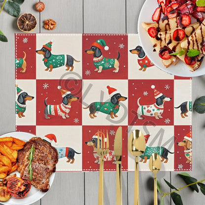 Christmas Snow Fun Dachshund Dog Table Mats for Kitchen Dinner Christmas Tree Coasters Coffee Tea Cup Pads Dish Placemat