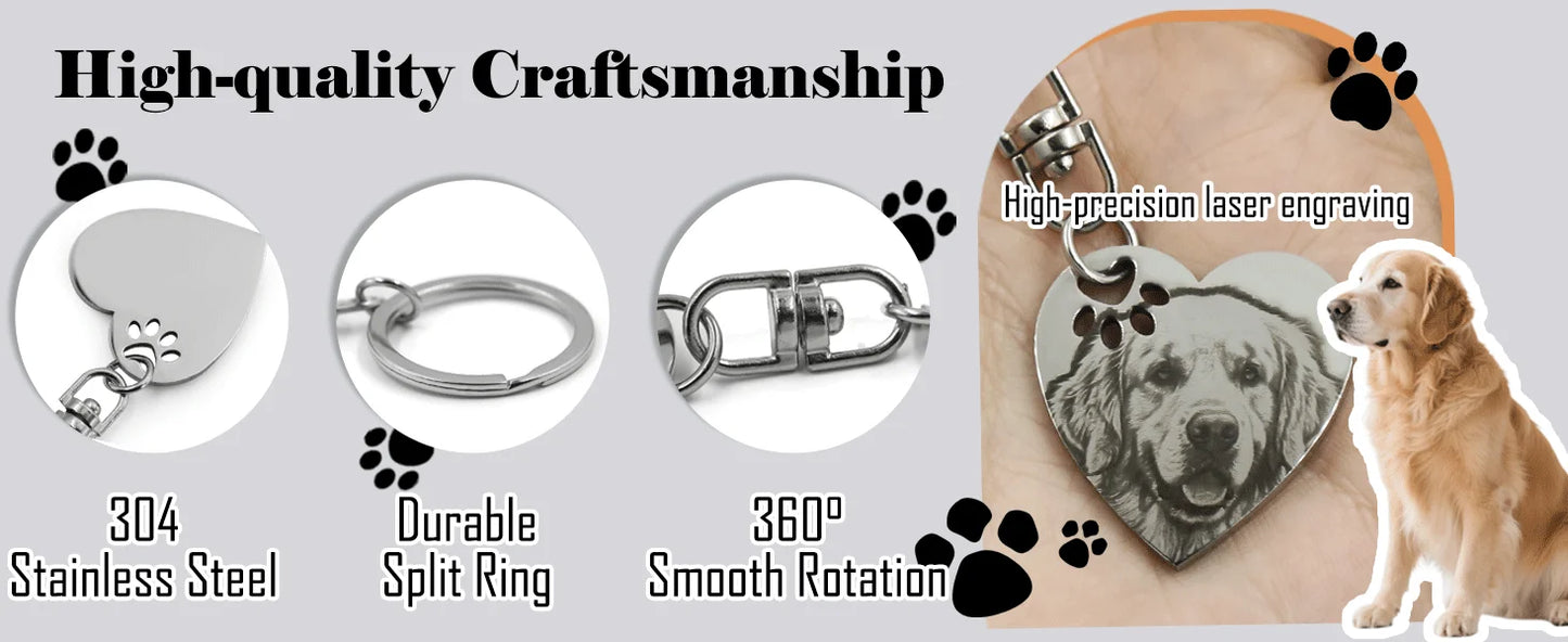 UniCrena Engraved Dog Keychain - Custom Pet Picture Keychain for Dog Cat Lovers Pet Loss Sympathy Gift Stainless Steel Heart