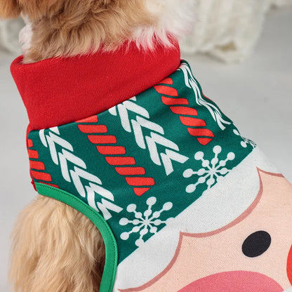 Christmas Santa Dog Vest Warm Fleece, Cartoon Print Pet Jacket, Red/Green, Sleeveless, Sizes S–XL for Small/Medium Dogs