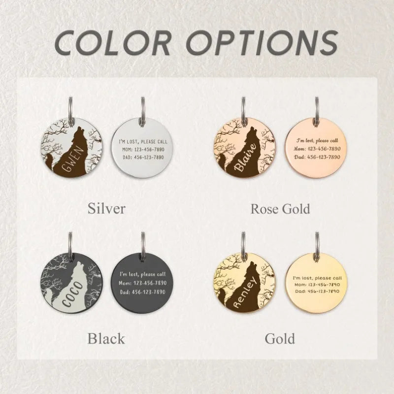 the LONEPAW WOODLAND ID - Custom Wolf and Tree Pet ID Tag, Personalized Free Engraved Keychain for Cat/Puppy/Dog Tag, Pendant Keyring Round Pet Accessories