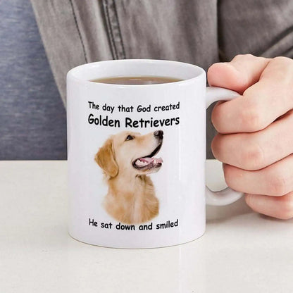 1pc Golden Retriever 11oz White Ceramic Coffee Mug with C-Handle - "He Sat Down and Smiled" Humorous Dog Lover Quote, Durable &