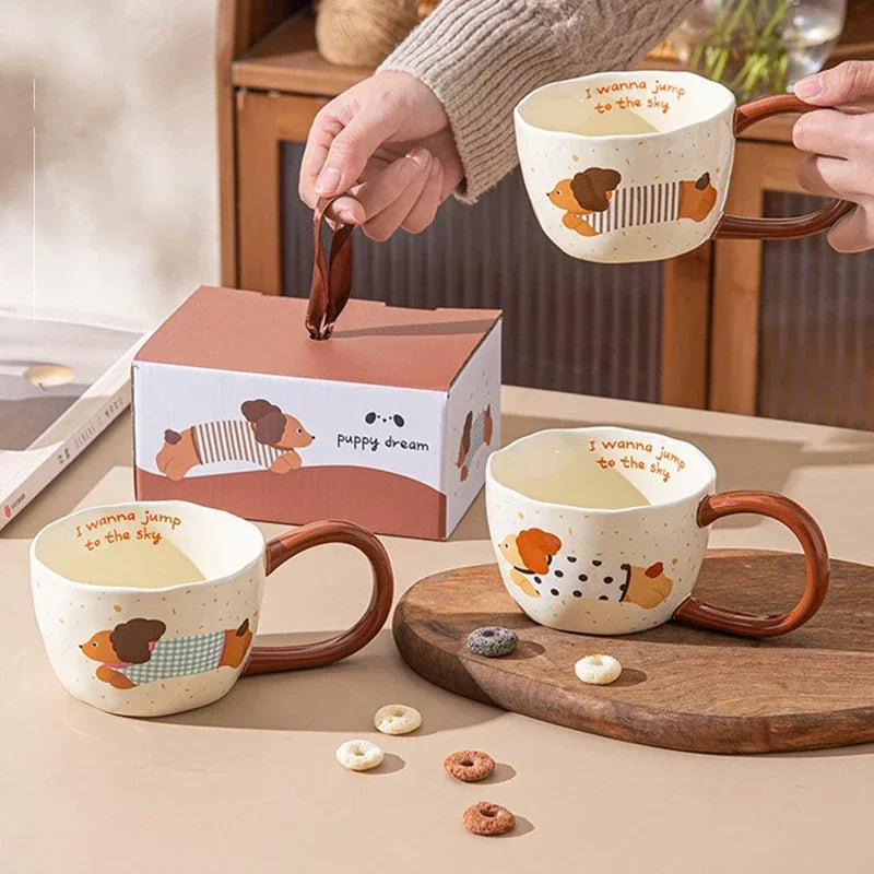 300ML Ceramic Mug Cartoon Cup Cute Puppy Pattern Coffee Cup Juice Breakfast Milk Oats Mug Yogurt Office Student Drinkware Gift