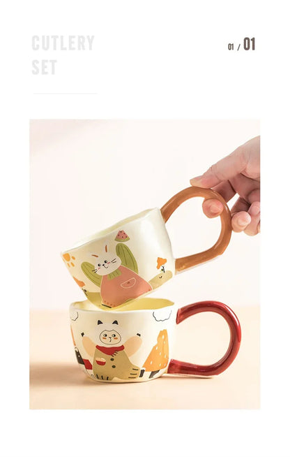 350ML Cartoon Hand Painted Bunny bear Coffee Cups Irregular Ceramic Mug Large Handle Home Office Milk Water Cup Kid's Gifts
