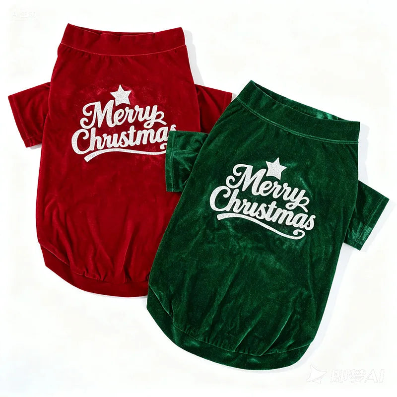 the MERRY WOOFMAS SWEATER - Christmas Velvet Dog Sweatshirt, “Merry Christmas” Print, Warm Soft Pullover, Red/Green, Sizes S–6XL for Small to Large Dogs