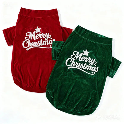 the MERRY WOOFMAS SWEATER - Christmas Velvet Dog Sweatshirt, “Merry Christmas” Print, Warm Soft Pullover, Red/Green, Sizes S–6XL for Small to Large Dogs
