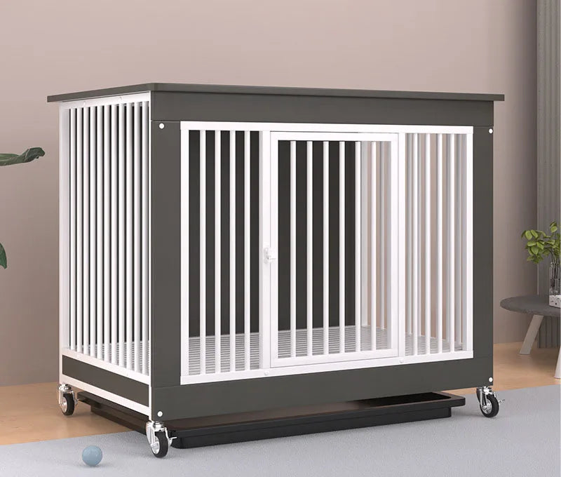 Reinforced Anti-Biting Dog Kennel Sturdy and Durable Wooden Round Pipe Dog Cage with Detachable Wheels Pet Bed