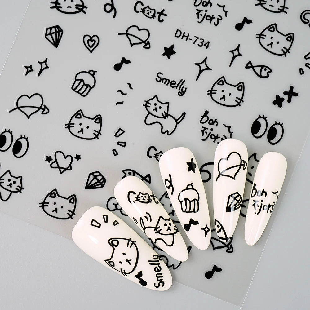 3D Flat Cute Cartoon Nail Stickers Doodle Cat Dog Heart Star Flower Nail Art Stickers Women DIY Manicure Decoration Decals