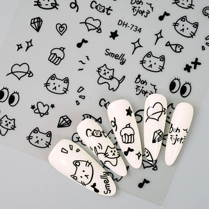 3D Flat Cute Cartoon Nail Stickers Doodle Cat Dog Heart Star Flower Nail Art Stickers Women DIY Manicure Decoration Decals