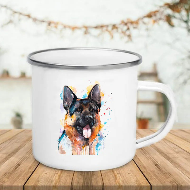 Watercolor Dog Printed Creative Coffee Cup Drinks Wine Beer Juice Milk Cups Camping Mug Handle Enamel Mugs Gifts for Lover Dogs