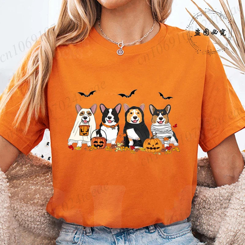 the COSTUME CANINES - Halloween Dog Fashion T-Shirt Tops, Women Harajuku Graphic Tees, Shirt Femme Corgi Dogs Halloween Women's T-Shirt