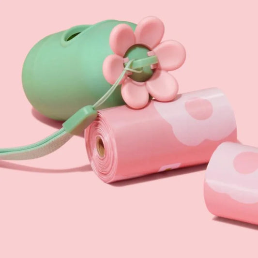the PINK PETAL POOP BAGS - Pet Poop Scooper Bag, Portable Pet Waste Bags, Matching Pink Flower Dog Garbage Holder Dispensers, Cleaning Supplies Accessories
