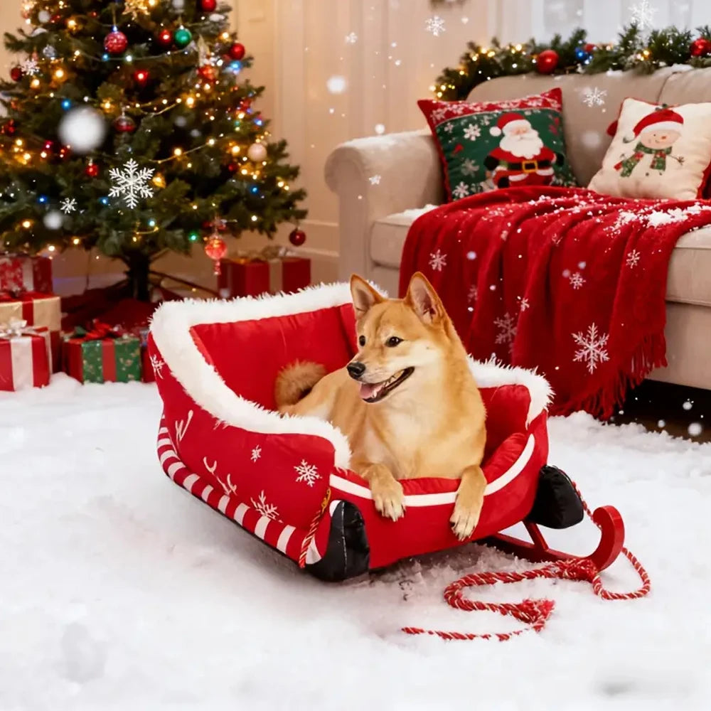 Christmas Sleigh Bed  Removable Washable Plush Pet Warm Sofa with Non-Slip Base Christmas Cat Dog Nest for Winter Indoor Outdoor