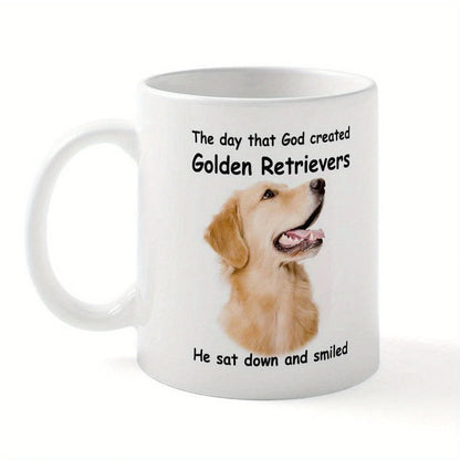 1pc Golden Retriever 11oz White Ceramic Coffee Mug with C-Handle - "He Sat Down and Smiled" Humorous Dog Lover Quote, Durable &