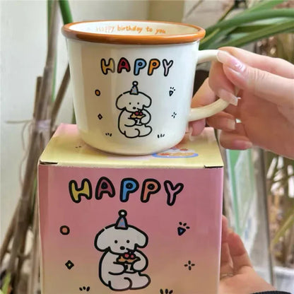 1Pcs Ins Cute Happy Bear Ceramic Mug Kawaii White Puppy Cartoon Coffee Mug Fashion Vintage Afternoon Tea Cup Pair Couple Gift