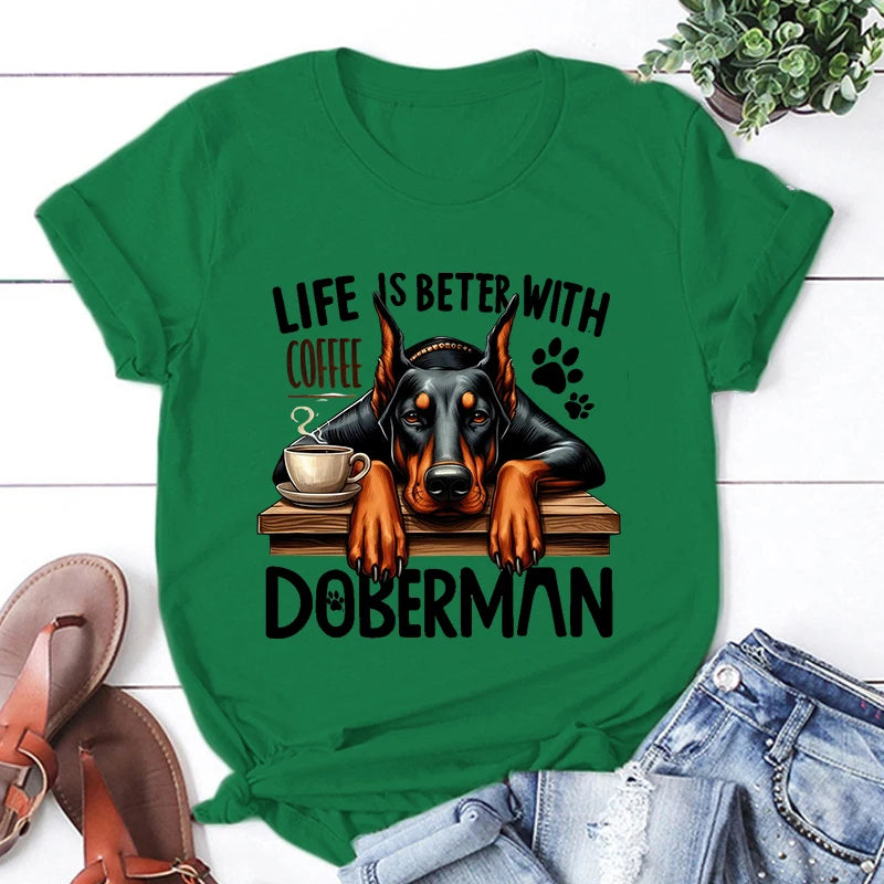the BETTER LIFE - Hot Life Is Better with Coffee Doberman Graphic Short Sleeve T-Shirts for Men/Women, Shirts Loose T-Shirt, Casual Summer T-Shirts
