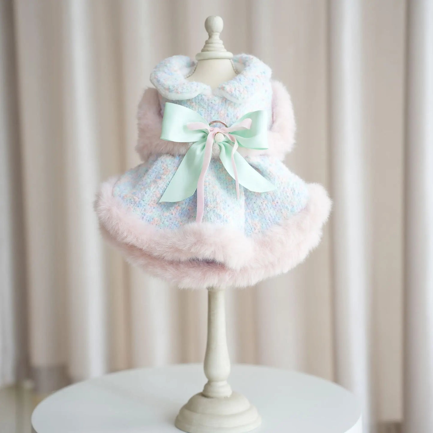 Pet Colorful Bow Set Skirt Autumn/Winter Bow Plush Coat Dress Warm Clothes Teddy Clothes Puppy Clothes for Small Dogs