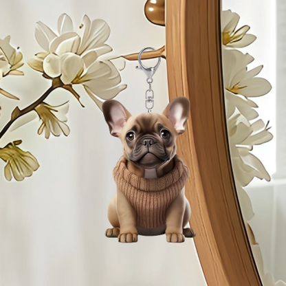 French Bulldog in Sweater Pendant Keychain,Cartoon Puppy 2D Flat Acrylic Ornament,Hanging Decoration for Car,Bags,Festive,Gift