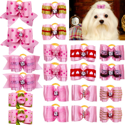 20pcs Pet Dog Cute Hair Bows with Rhinestone&Flowers Ribbon Bows Dog Hair Accessory Dog Groomining Pet Supplies