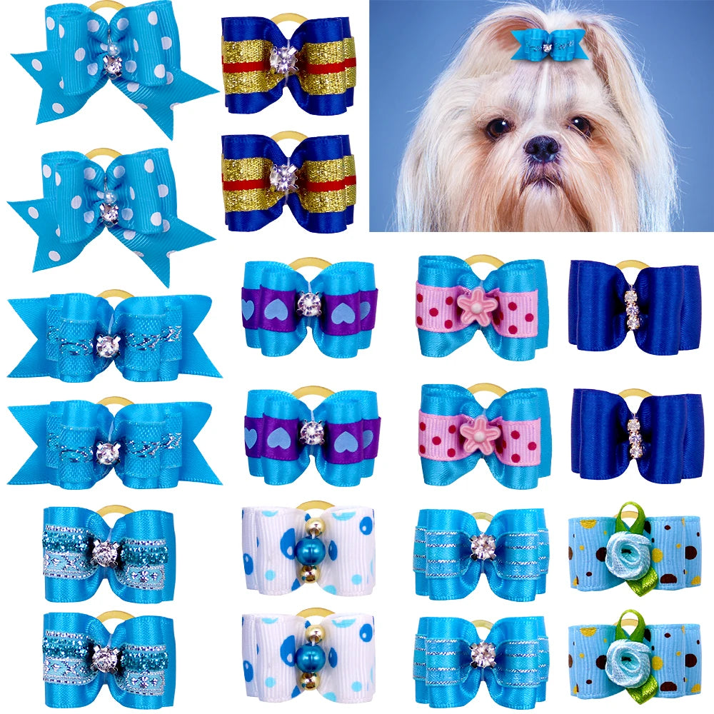 20pcs Pet Dog Cute Hair Bows with Rhinestone&Flowers Ribbon Bows Dog Hair Accessory Dog Groomining Pet Supplies