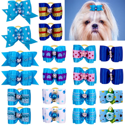 20pcs Pet Dog Cute Hair Bows with Rhinestone&Flowers Ribbon Bows Dog Hair Accessory Dog Groomining Pet Supplies