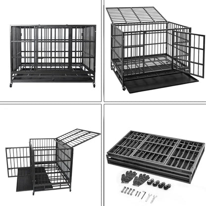 the IRON MAIDEN DOG CRATE - 48/38 Inch Heavy Duty Dog Crate, Cage Kennel with Wheels, High Anxiety Indestructible, Sturdy Locks Design, Door and Removable