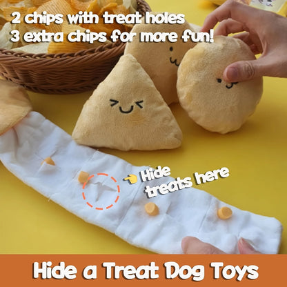 Plush potato chip bag dog toy - Medium sized interactive sniffing and chewing toy for dogs - Durable