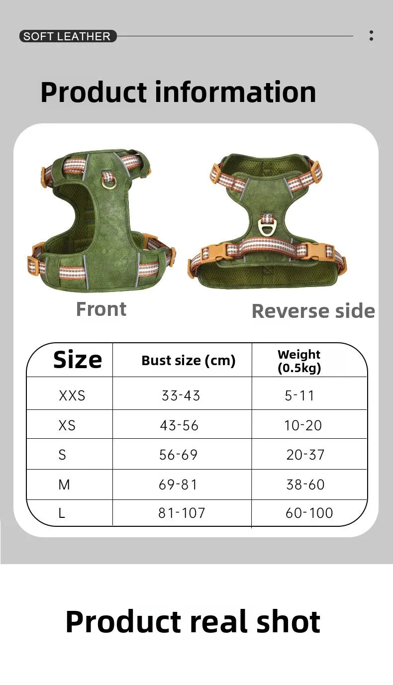 Retro leather pet chest strap, explosion-proof, reflective dog chest and back, breathable and adjustable