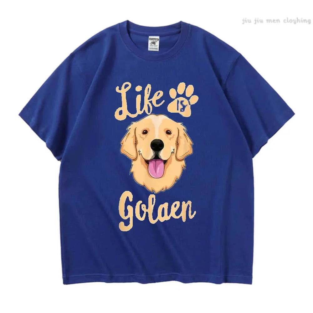 the GOLDEN LIFE - Life Is Golden Retriever T-Shirt, Men/Women Dog Owner Gift T-Shirt, Cotton Loose Casual T-Shirts, Unisex Tops Tees O-Neck Oversized