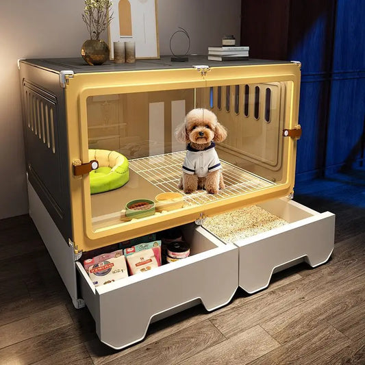 the LUXURY PET VILLA - Luxury Metal Small Dog Crate: 1-Bed-1-Living-1-Bath Villa, Separated Toilet, Indoor Integrated Doghouse/Cathouse